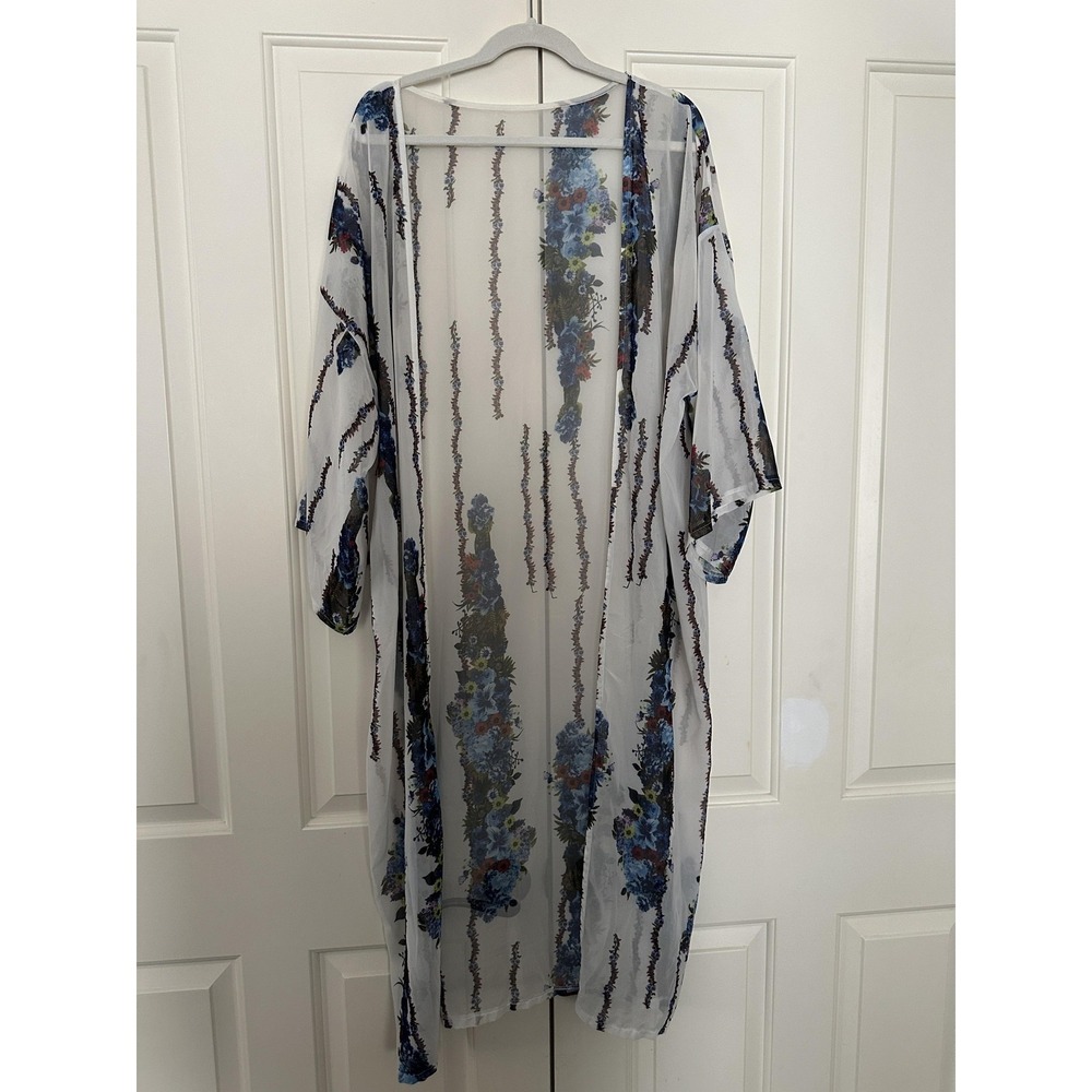 Floral Kimono Jacket Boho One Size White Sheer Long Duster Open Lightweight